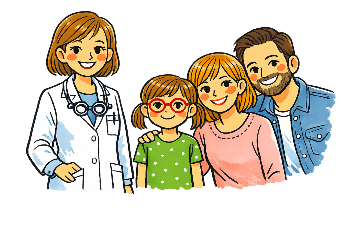 Illustration: eye care specialist with family – parents and a nearsighted child